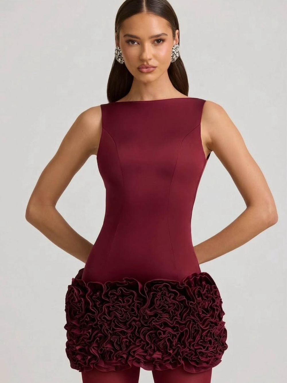 Oh Polly Sleeveless Mini Dress in Burgundy with Ruffle Hem